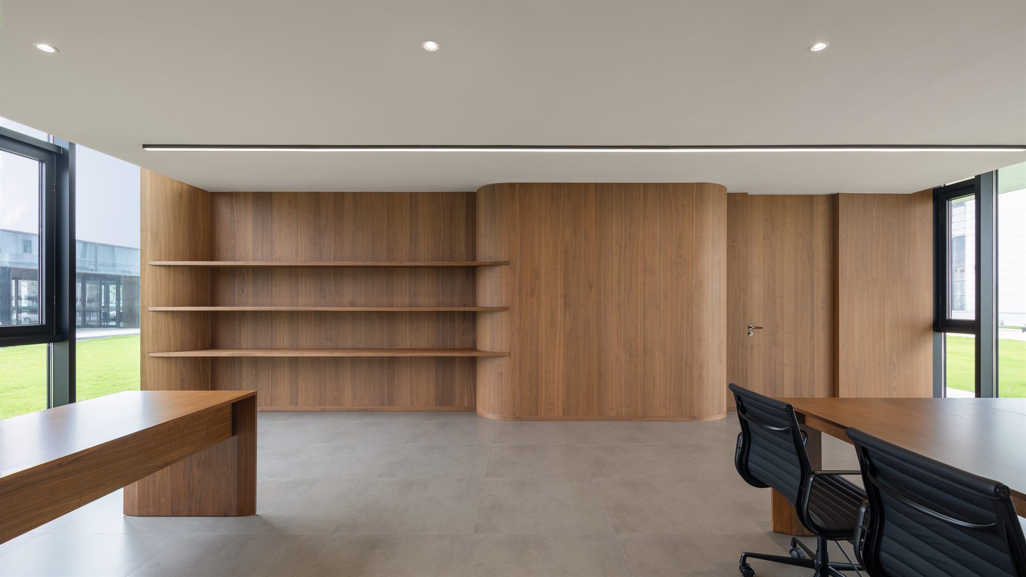 Executive office with timber shelving and desk, Shihlien battery plant