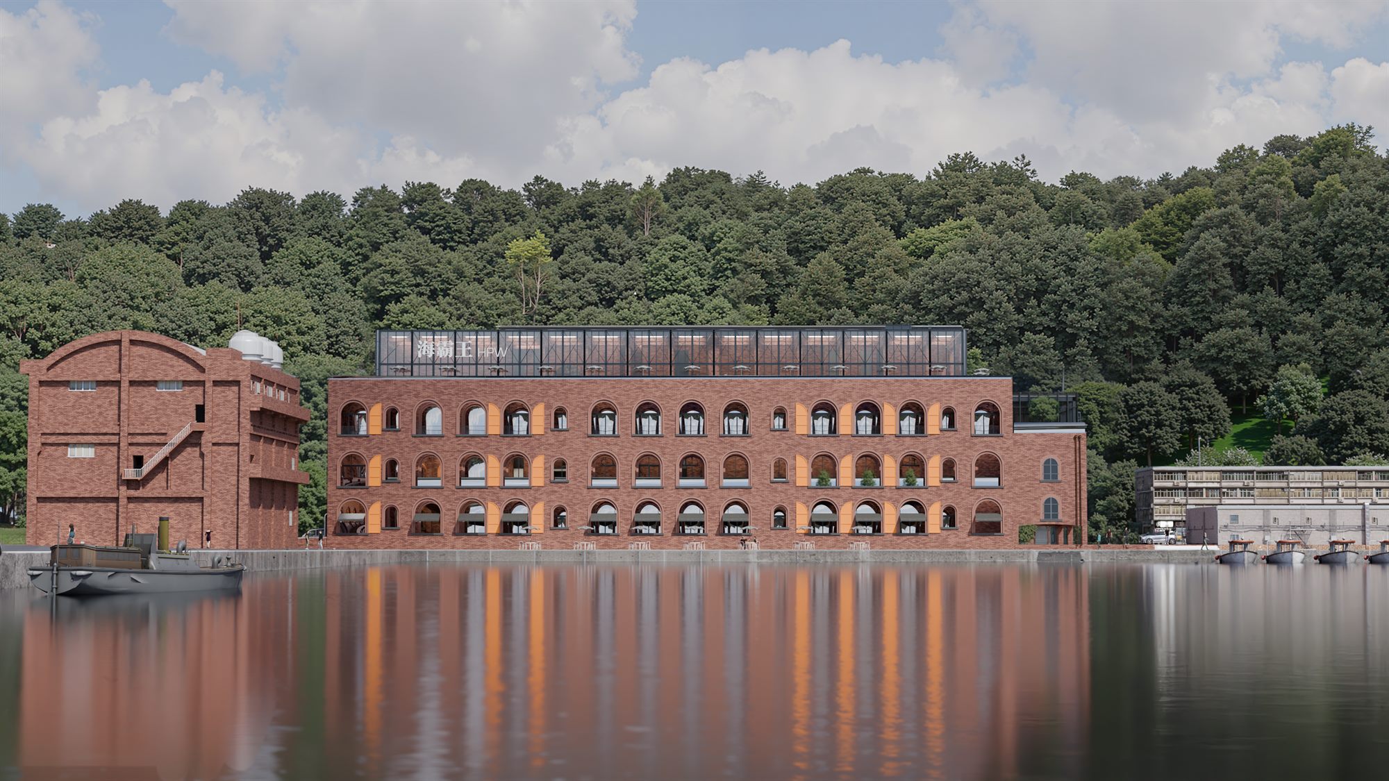 Rendering: the brick commercial centre reflected in Badouzi Harbour, Keelung