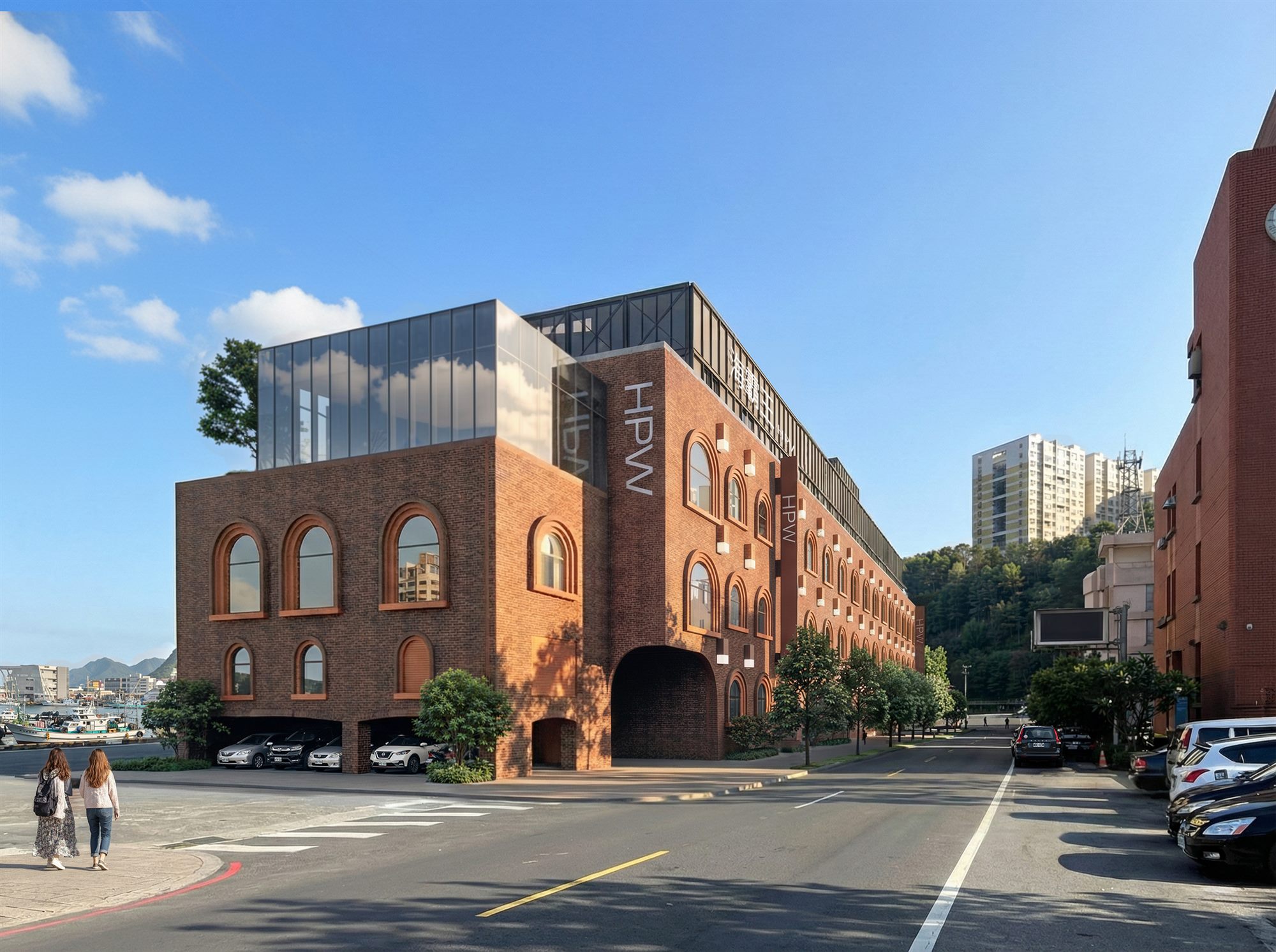 Rendering: the brick commercial centre seen from the street, Badouzi Harbour