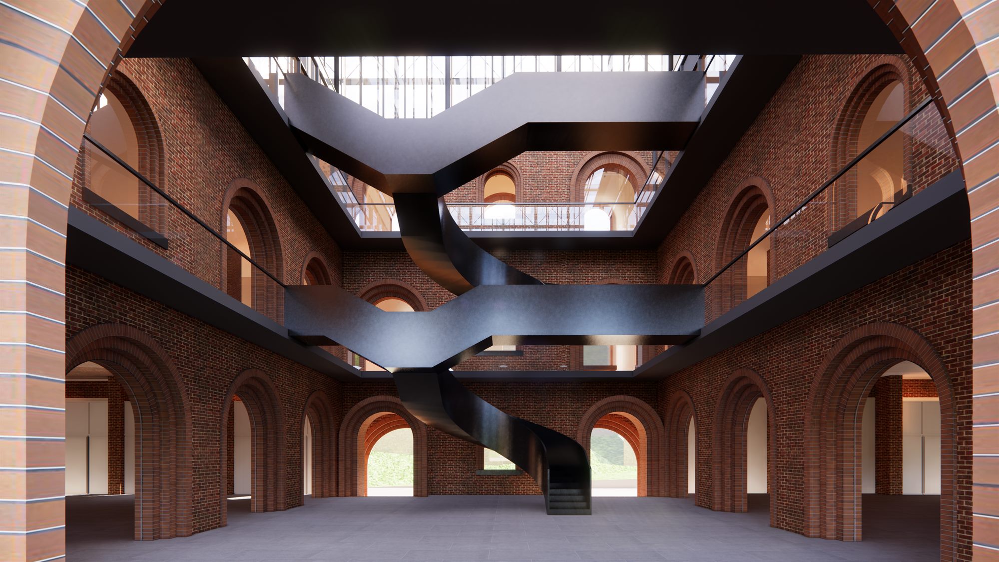 Rendering: atrium with arched brick walls and sculptural stair, Badouzi commercial centre