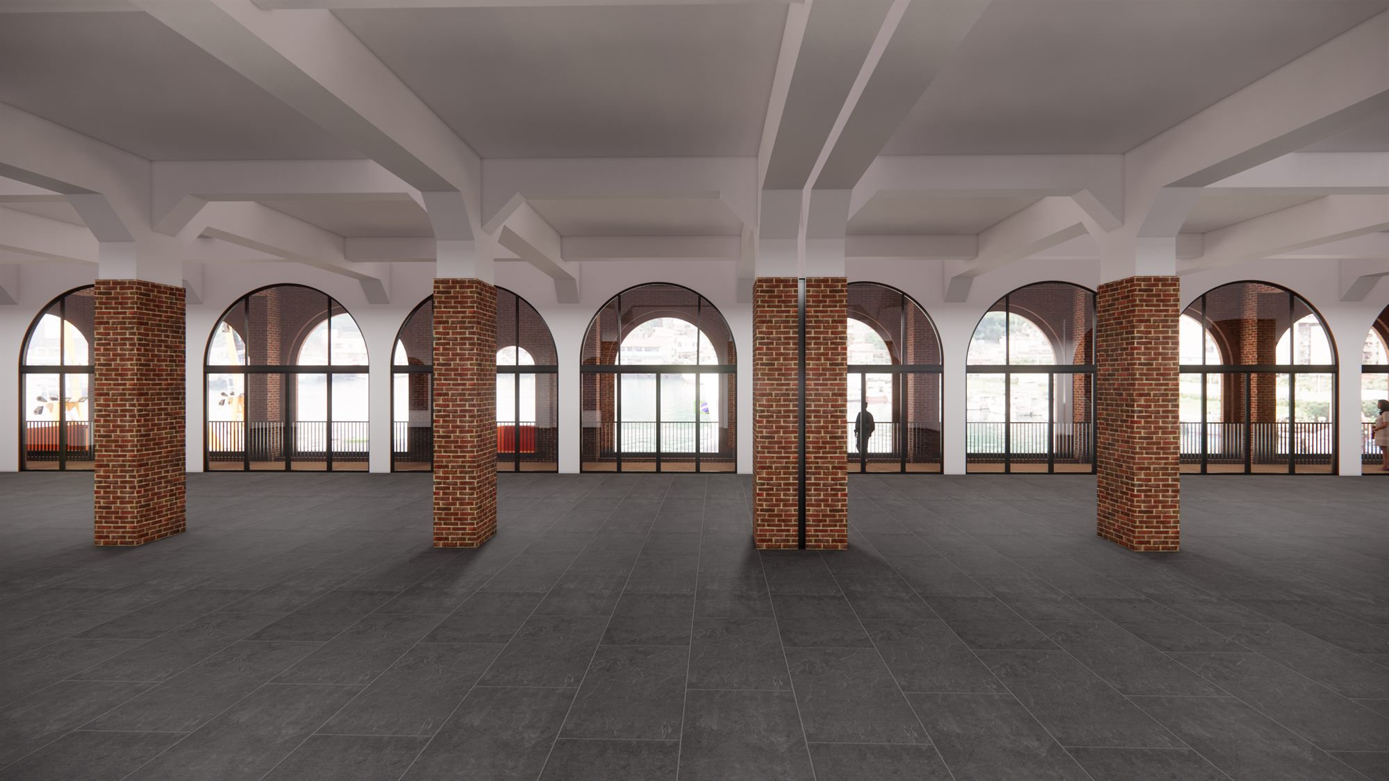 Rendering: arched brick hall with open floor, Badouzi commercial centre