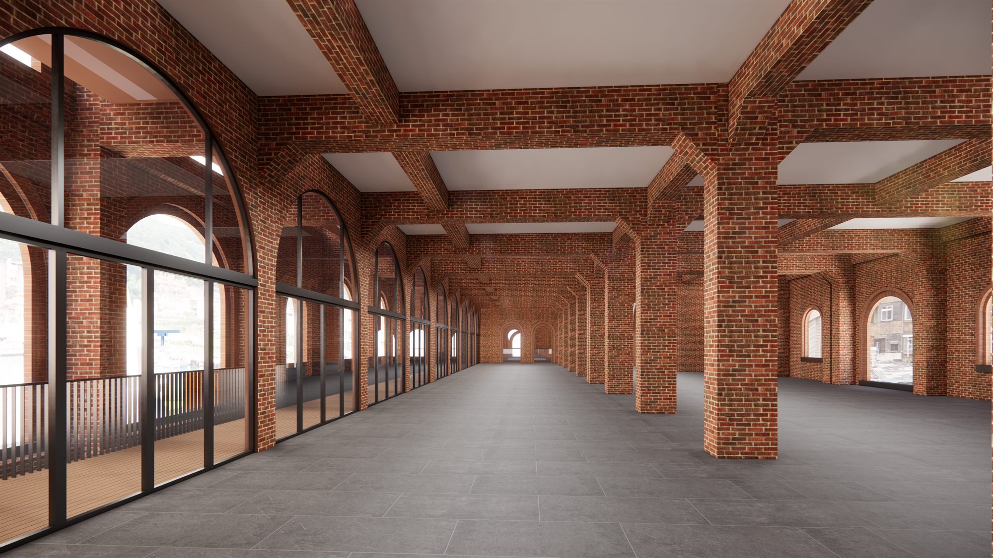 Rendering: upper hall with arched windows and exposed structure clad in brick tiles, Badouzi commercial centre