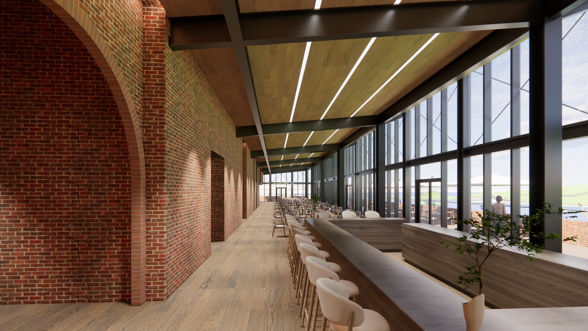 Rendering: lounge with brick walls and harbour views, Badouzi commercial centre