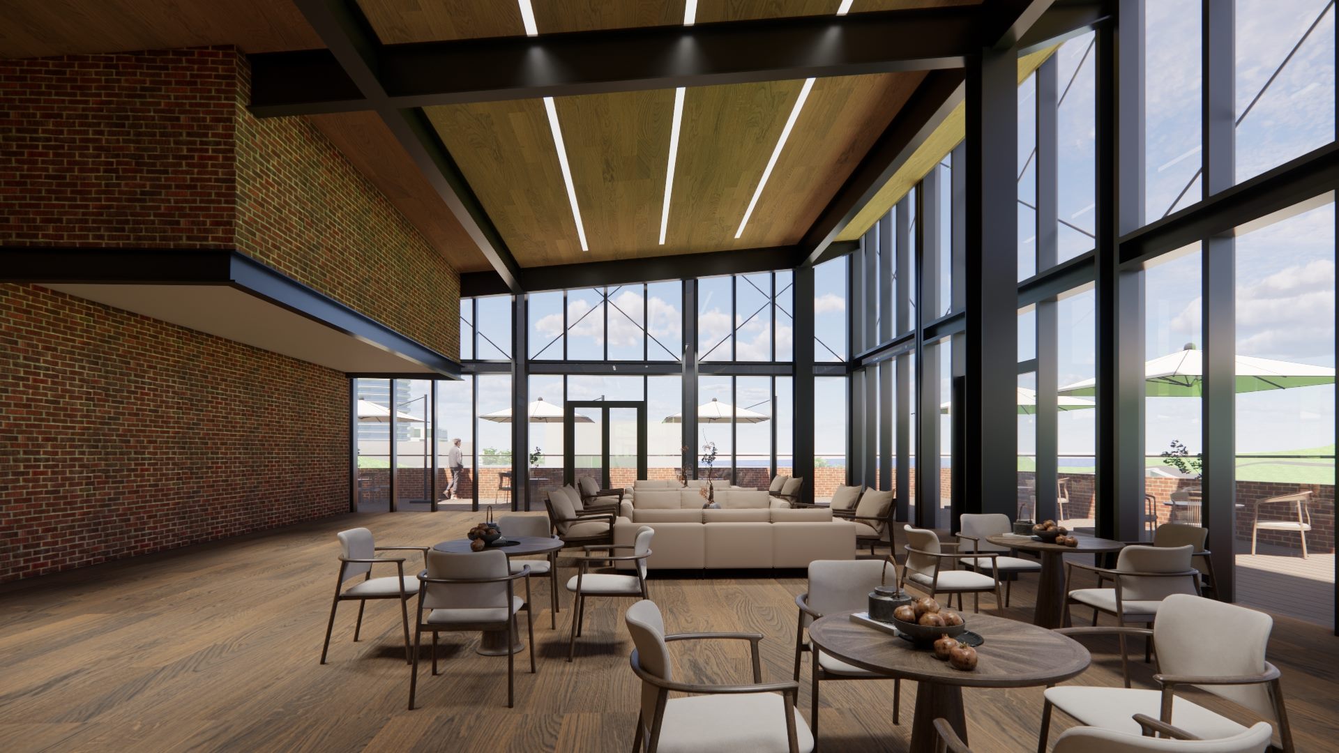 Rendering: café with brick walls and glazed harbour front, Badouzi commercial centre