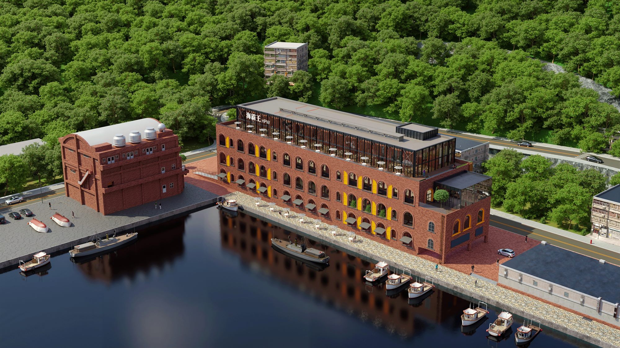 Rendering: aerial view of the brick commercial centre beside Badouzi Harbour