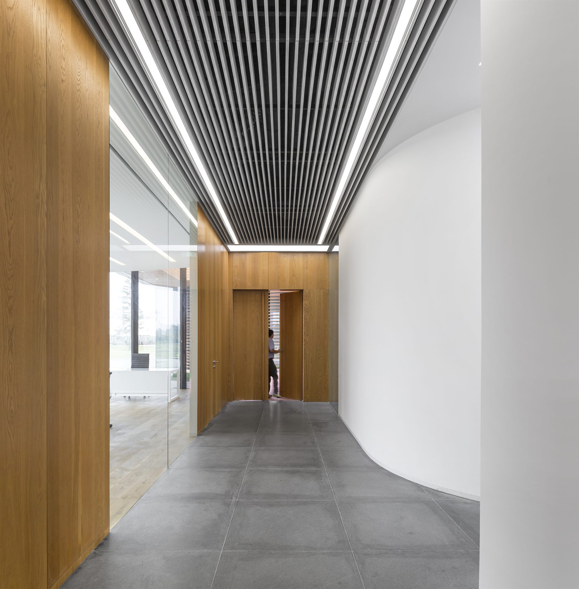 Corridor with linear ceiling slats and timber-clad wall, Donghai office building