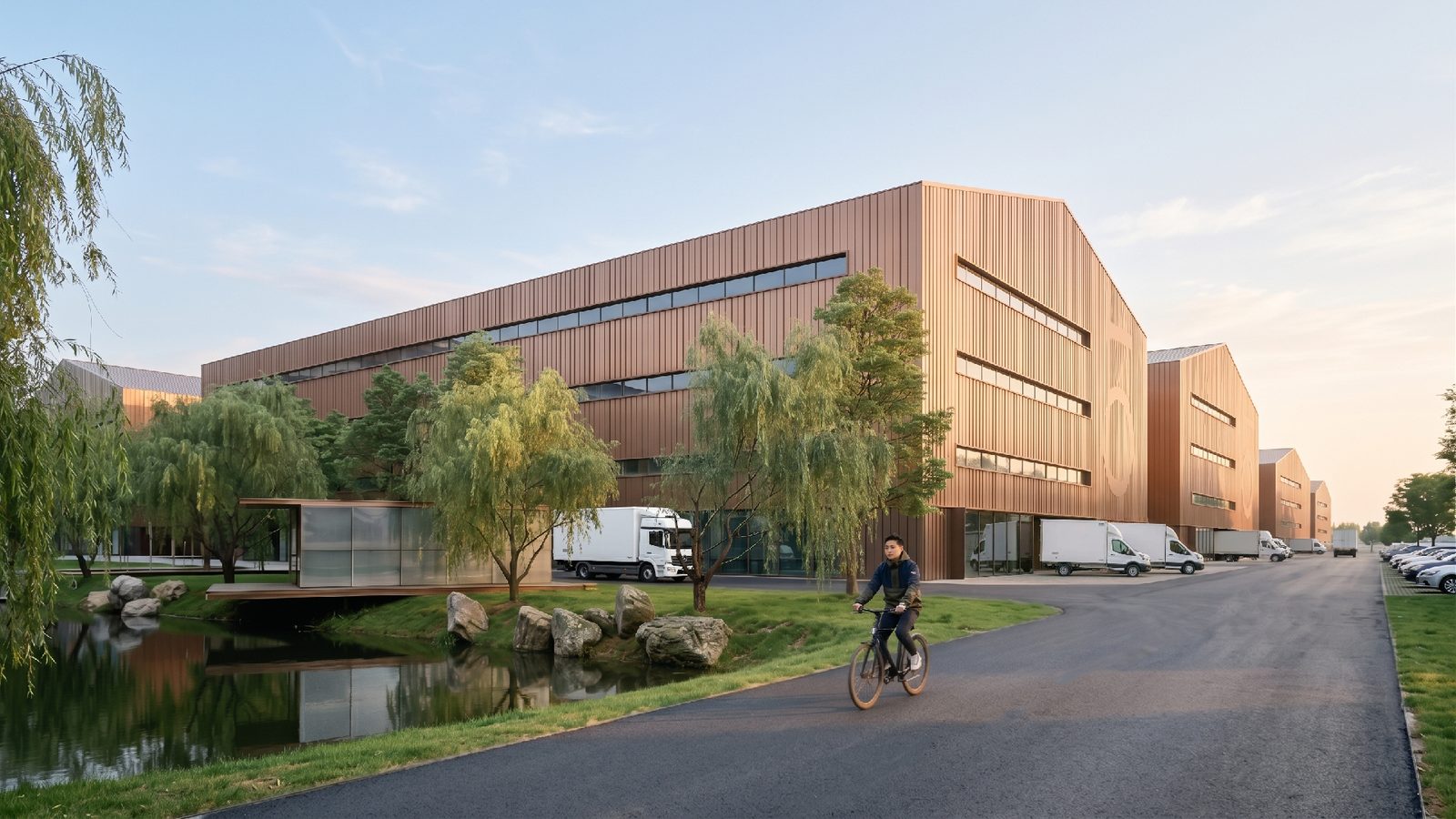 Rendering: metal factory building beside a willow-lined pond, GS Technology Park