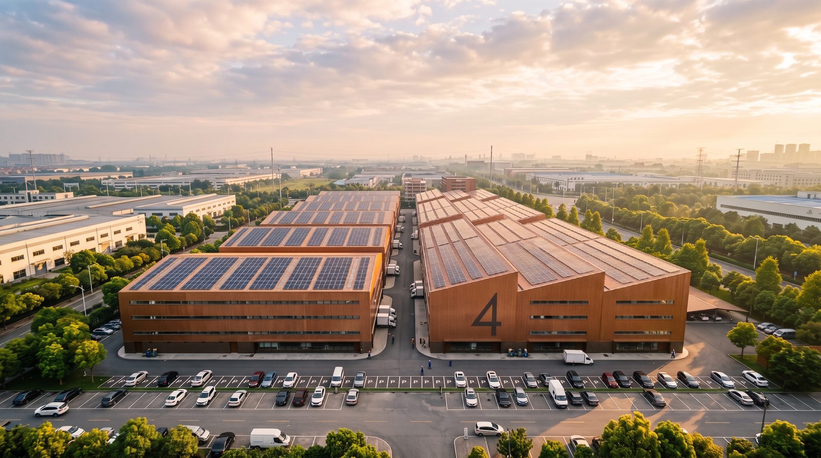 Rendering: copper-toned factory buildings with rooftop solar panels at sunrise, GS Technology Park