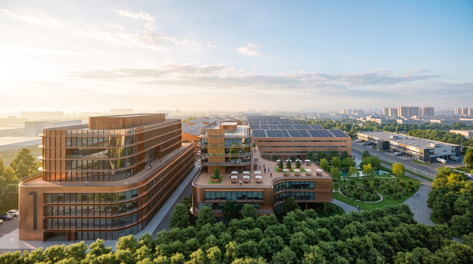 Rendering: curved office blocks and solar-roofed factory buildings at dusk, GS Technology Park