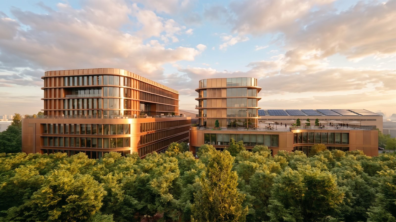 Rendering: office blocks rising above the treetops at sunset, GS Technology Park
