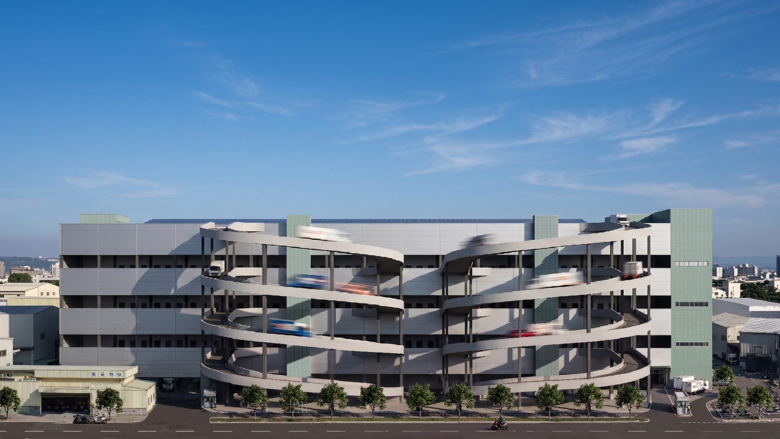 Rendering: front elevation of the logistics centre with twin spiral truck ramps