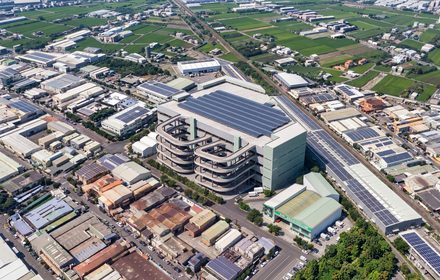 Rendering: aerial view of the logistics centre in its industrial setting, Taichung