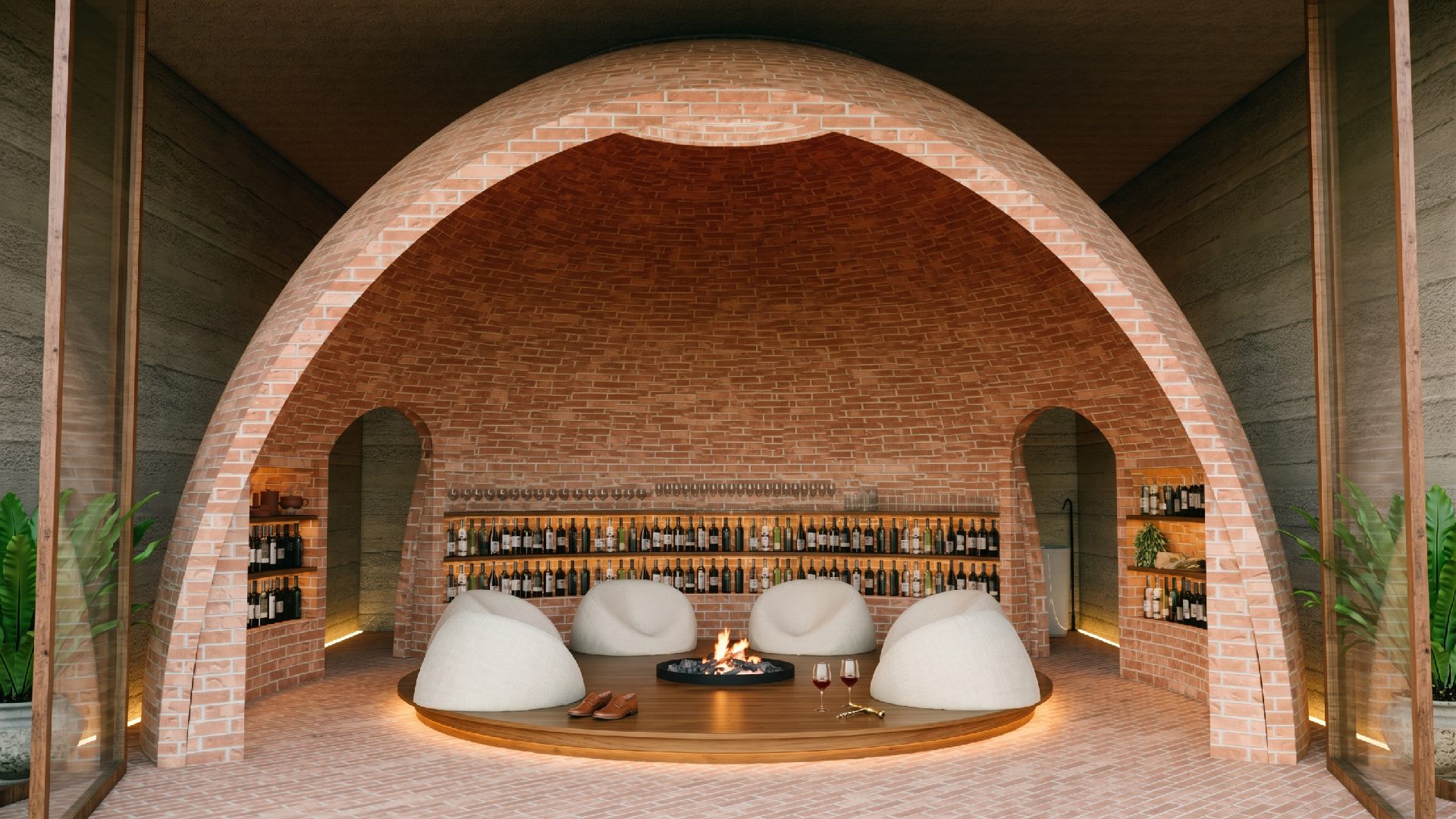 Rendering: brick-vaulted lounge with a central fire pit, Dahu Recreational Retreat