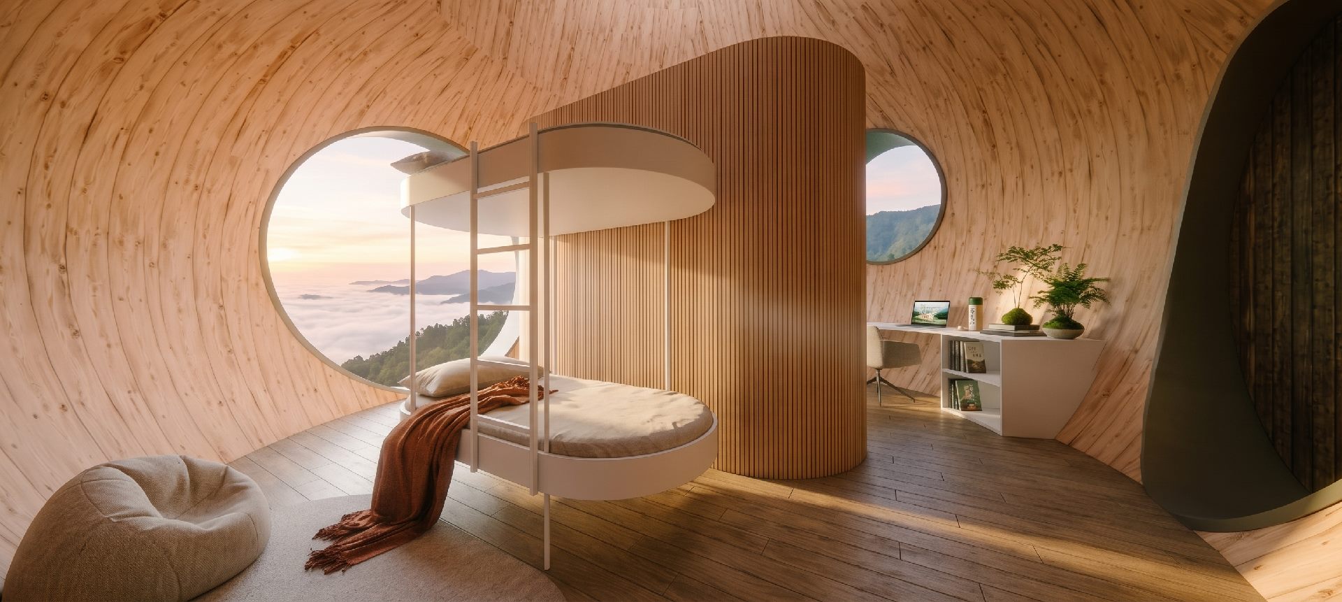 Rendering: curved timber-lined interior with round windows, Dahu Recreational Retreat