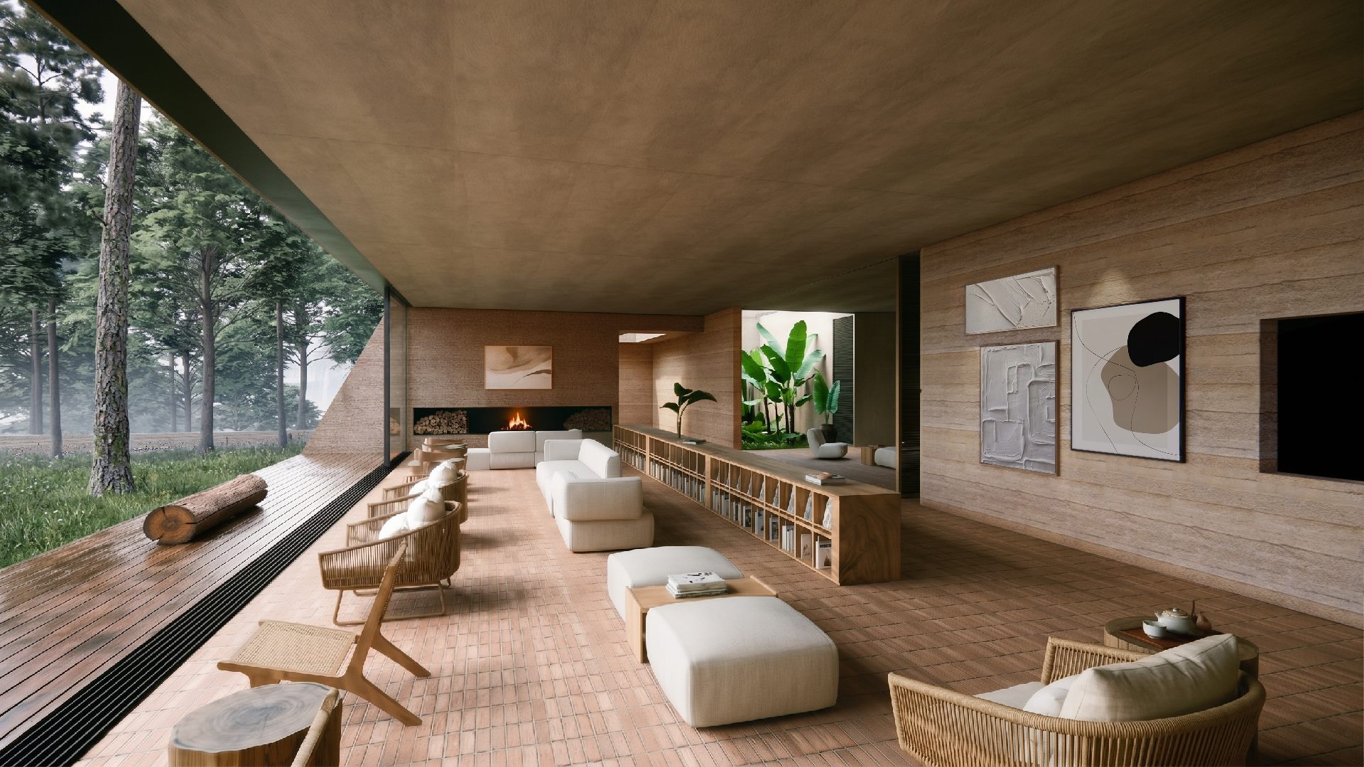 Rendering: concrete-ceilinged lounge opening onto greenery, Dahu Recreational Retreat