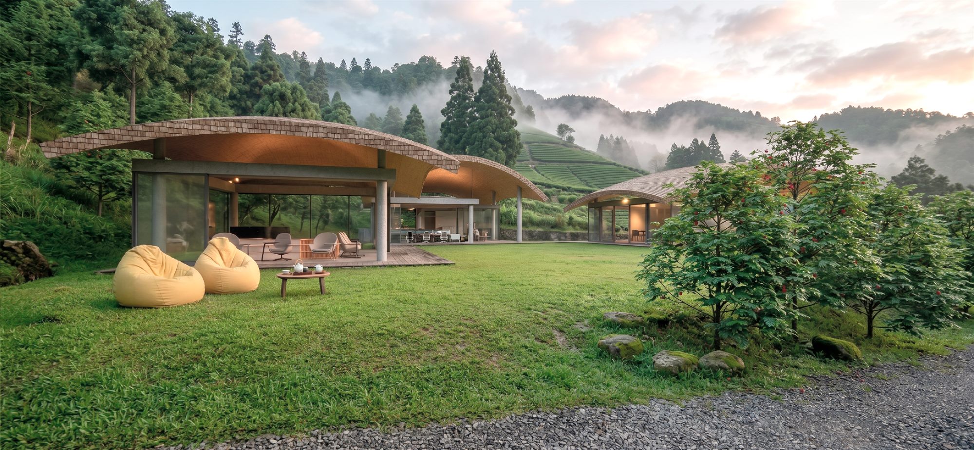 Rendering: work pavilions with sweeping roofs representing fallen leaves, in a garden setting, Dahu Recreational Retreat