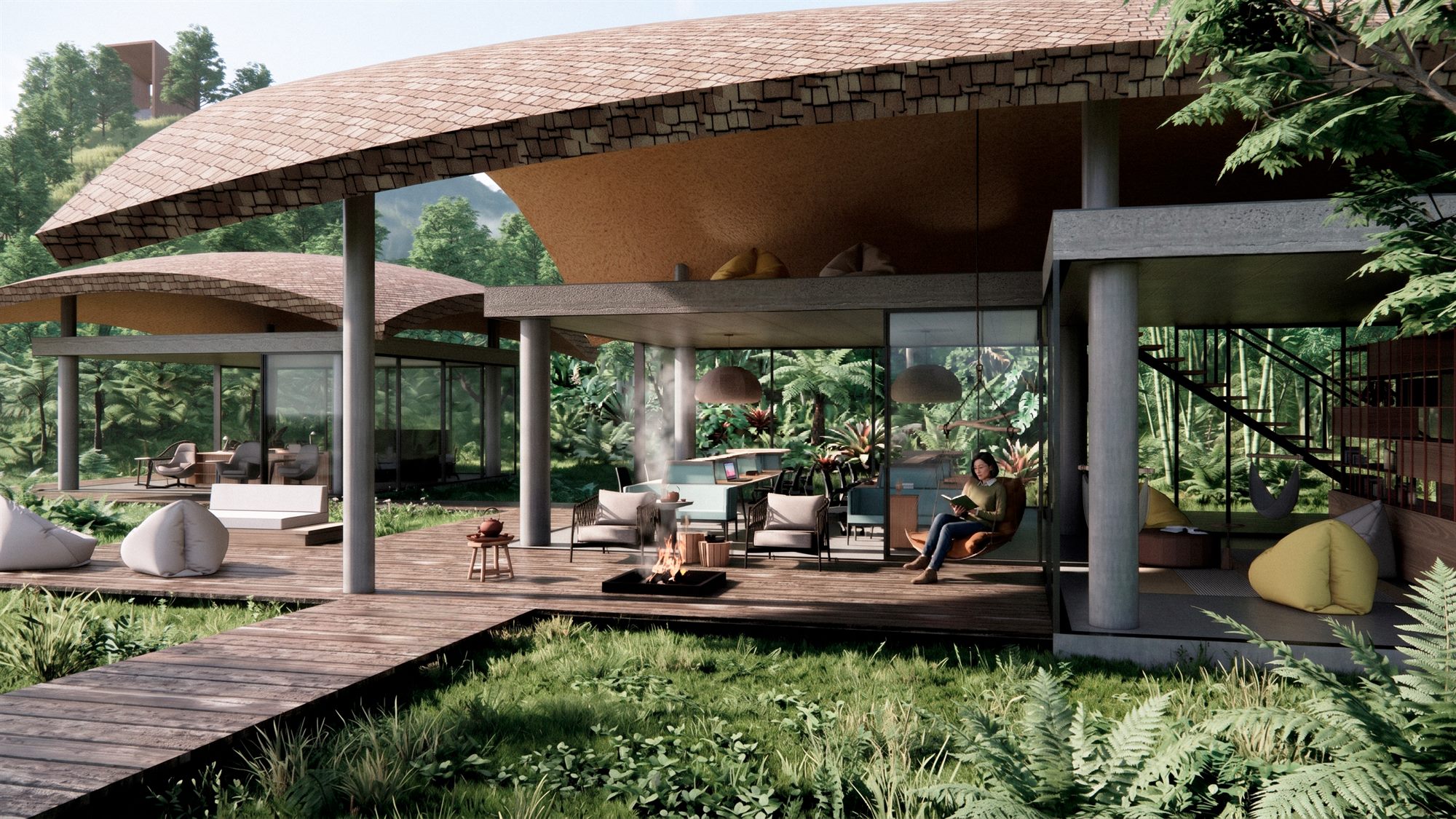 Rendering: curved-roof pavilions among trees and decks, Dahu Recreational Retreat