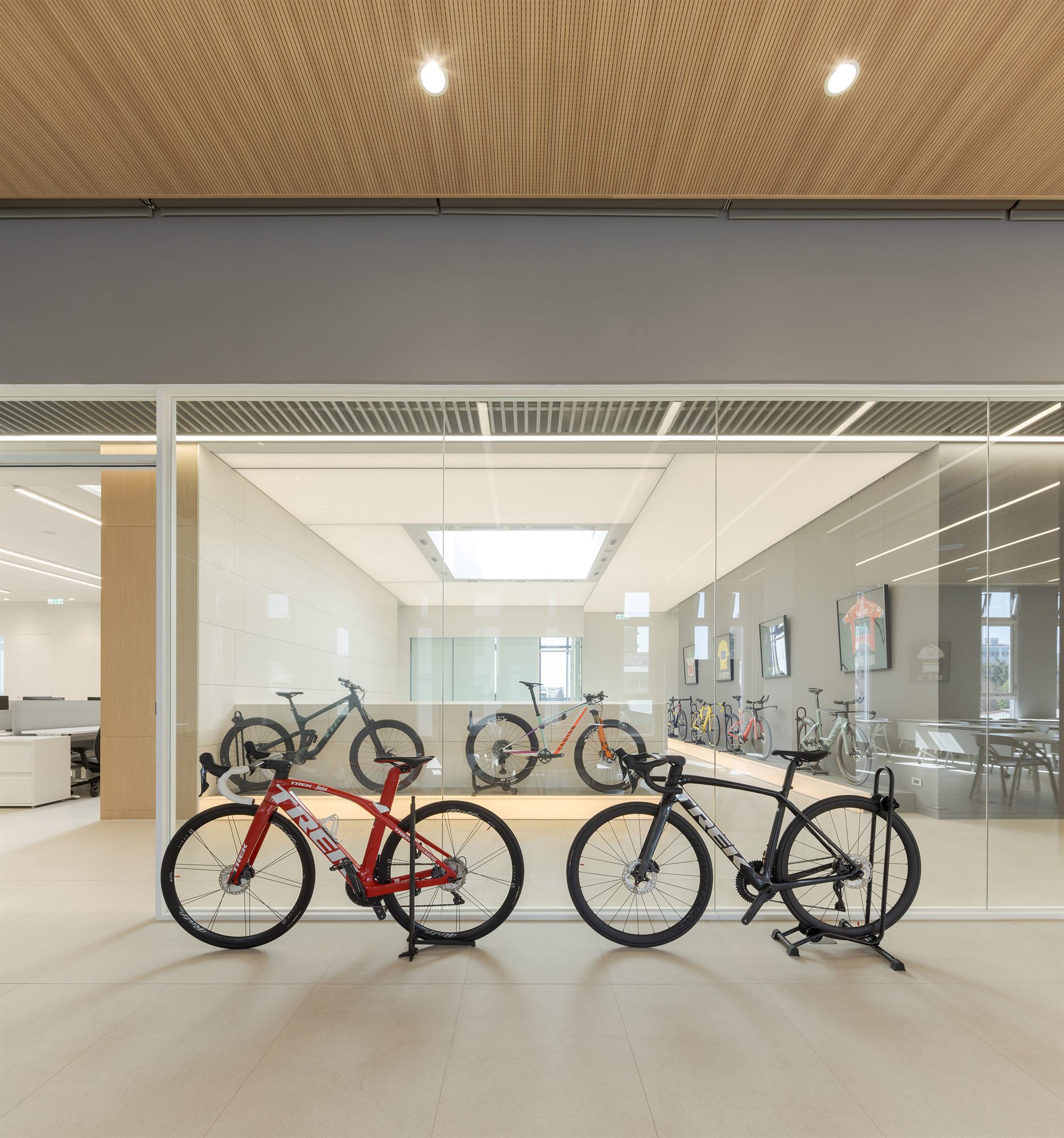 Bicycles on display in the bright office hall, Quest Composite
