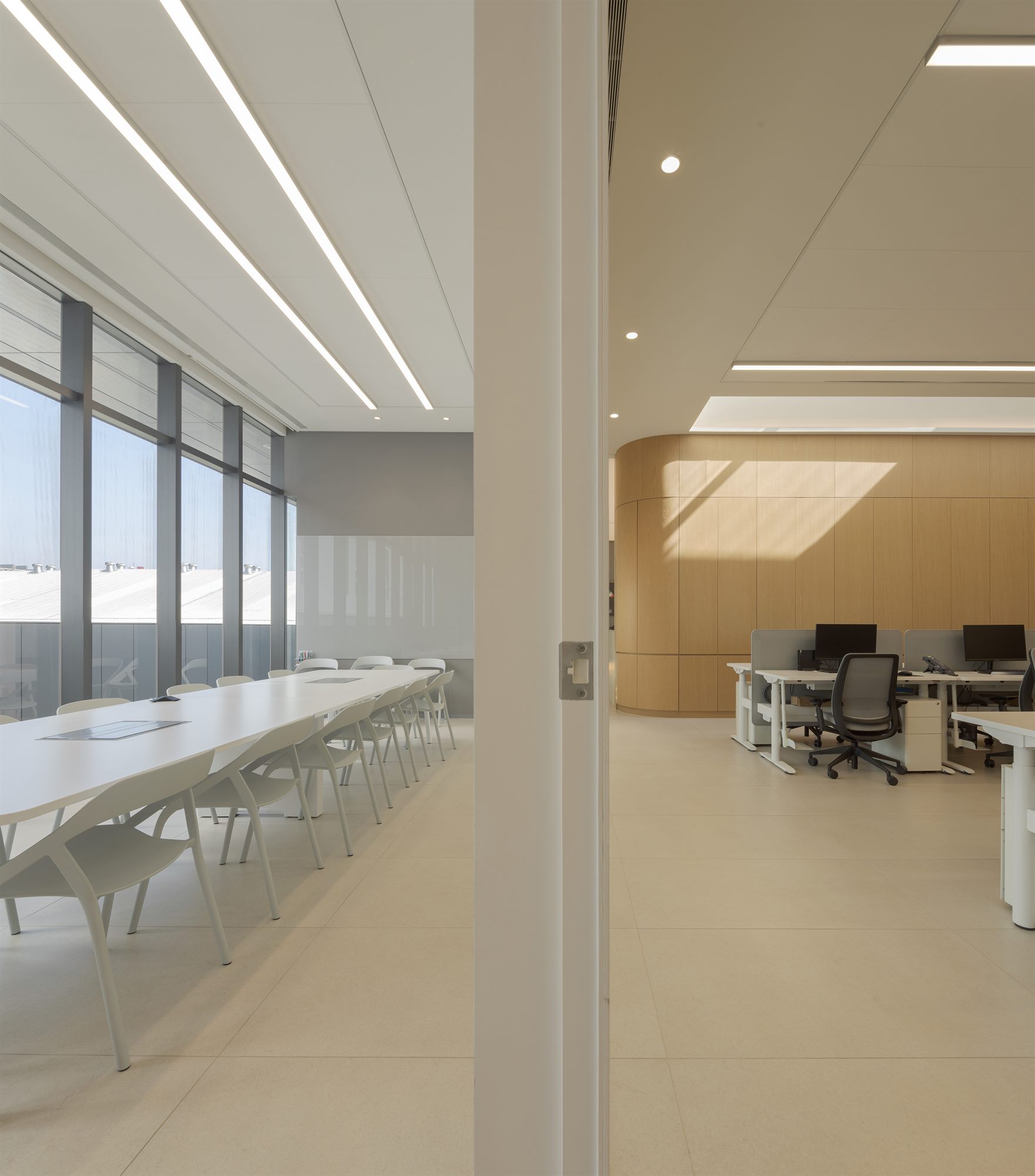 Office corridor with glazed wall and slatted ceiling, Quest Composite