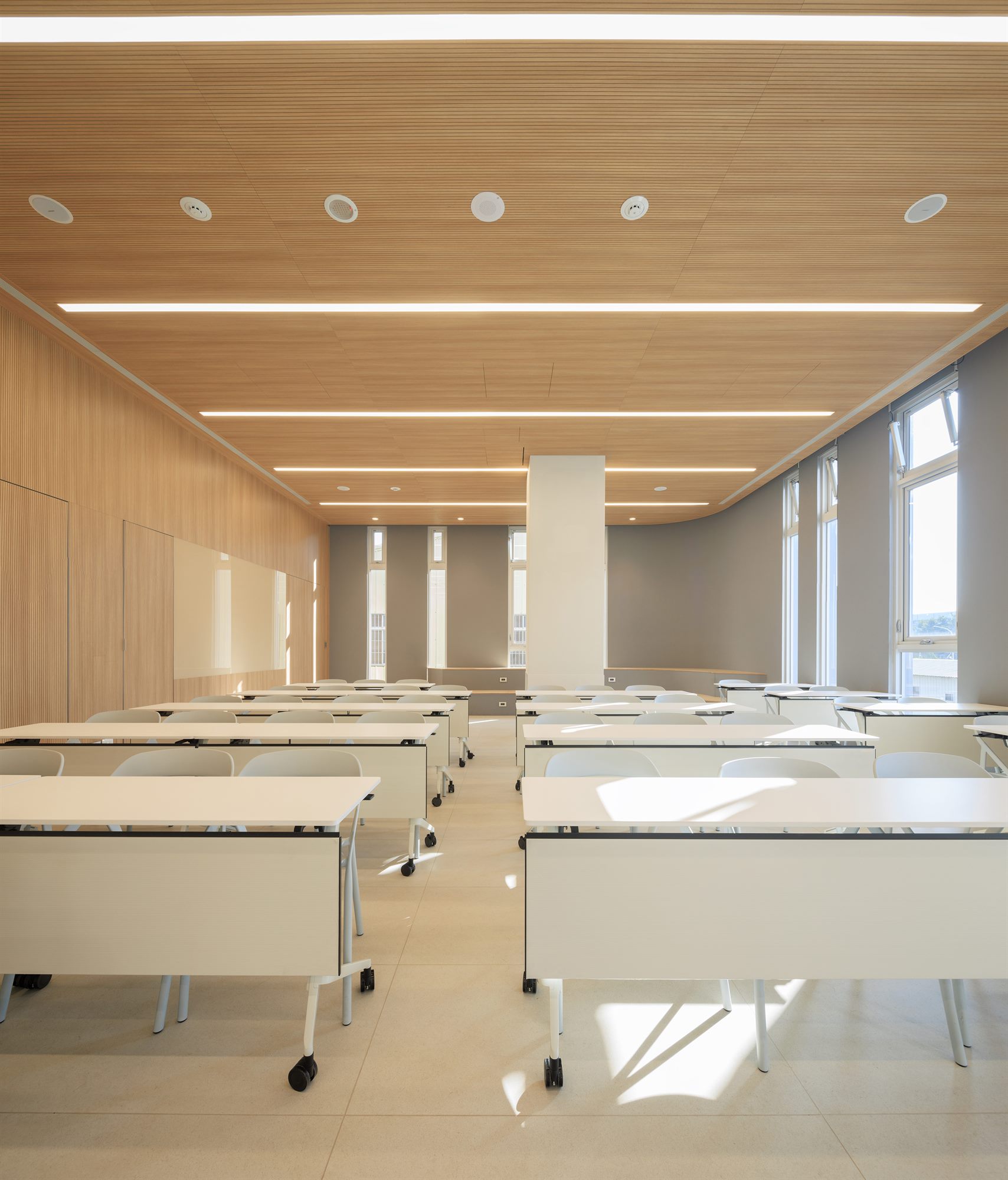 Meeting room with long table and timber ceiling, Quest Composite office