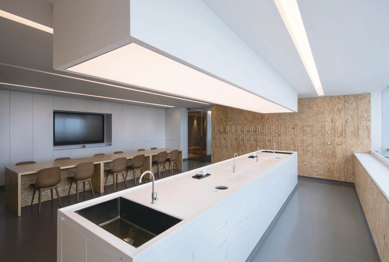 White lab counter with sink, sample cabinets and tasting table, Shan Tea R&D lab