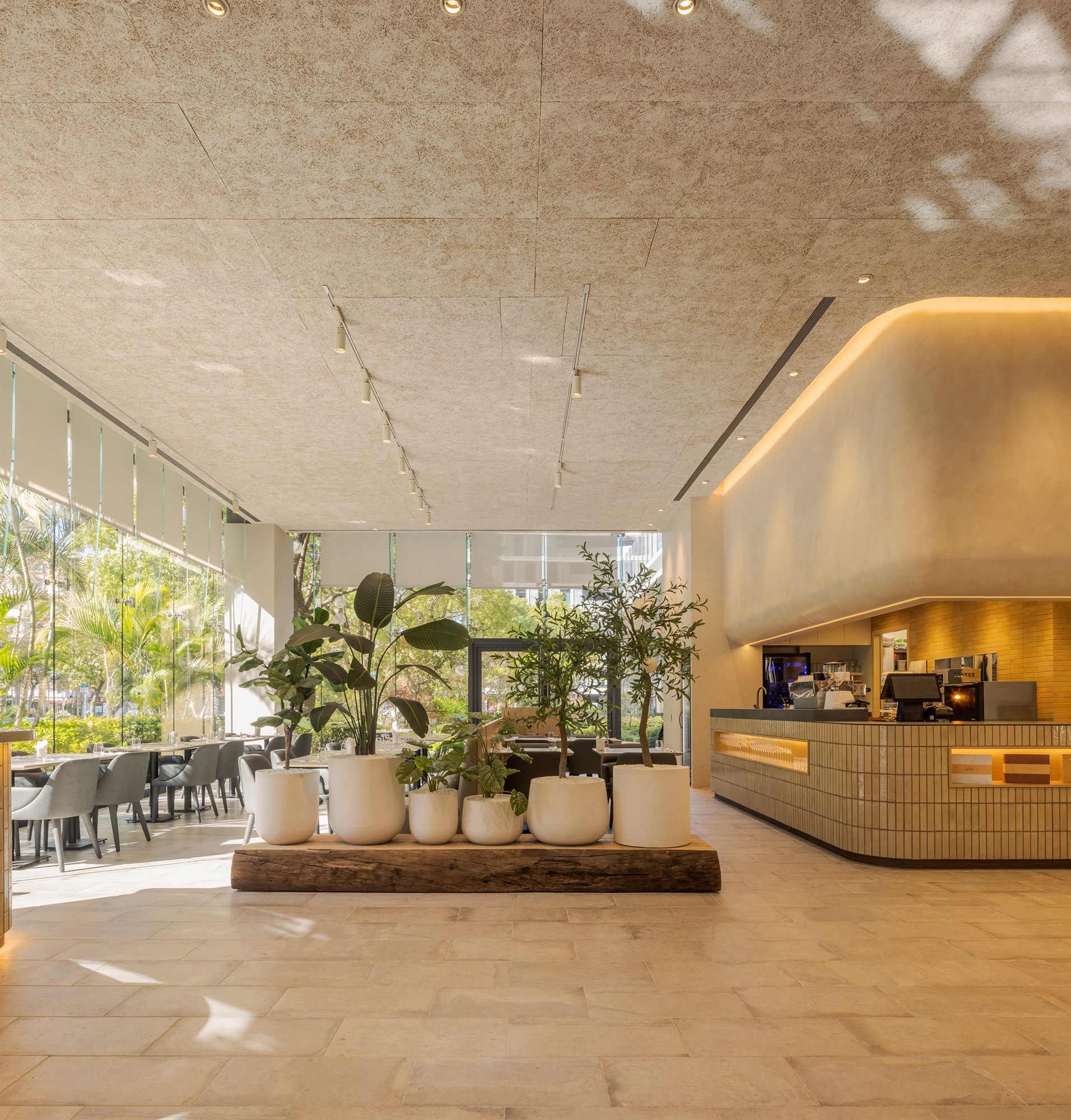 Restaurant counter with planting and timber details, ROU × James Sharman