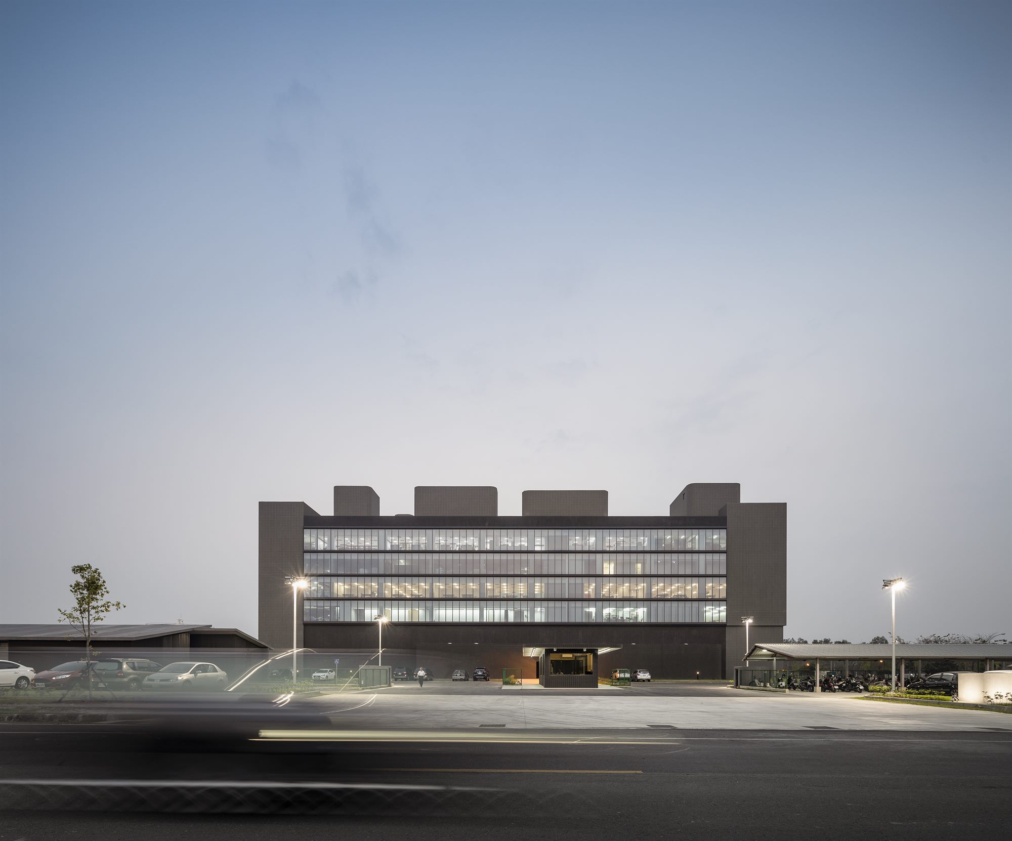 Front view of the T-HAM PABP factory at dusk