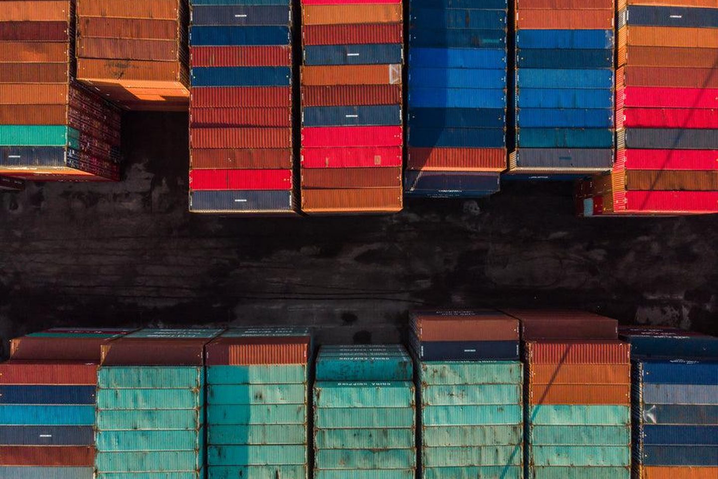 Stacked shipping containers seen from above