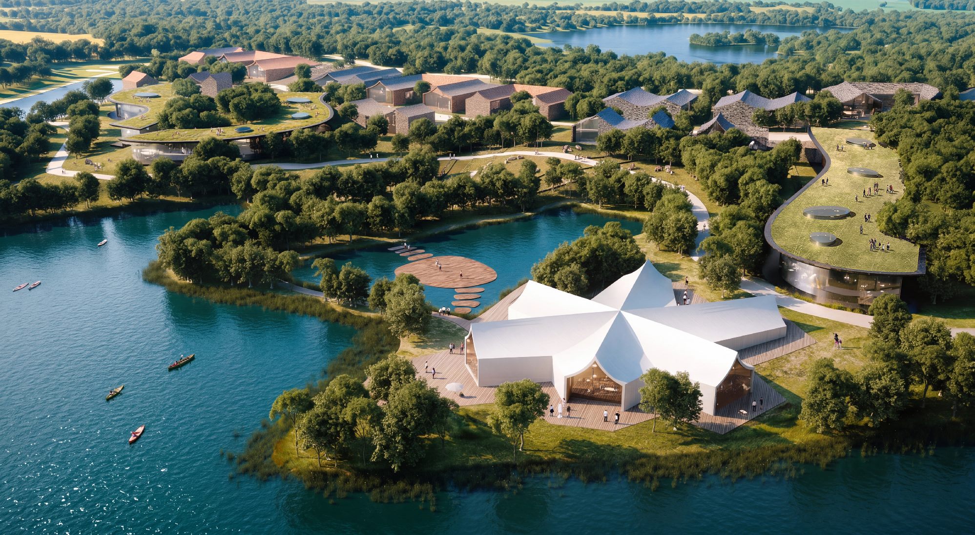 Rendering: lakeside buildings and the star-shaped gallery, Yinxing Lake Cultural Park
