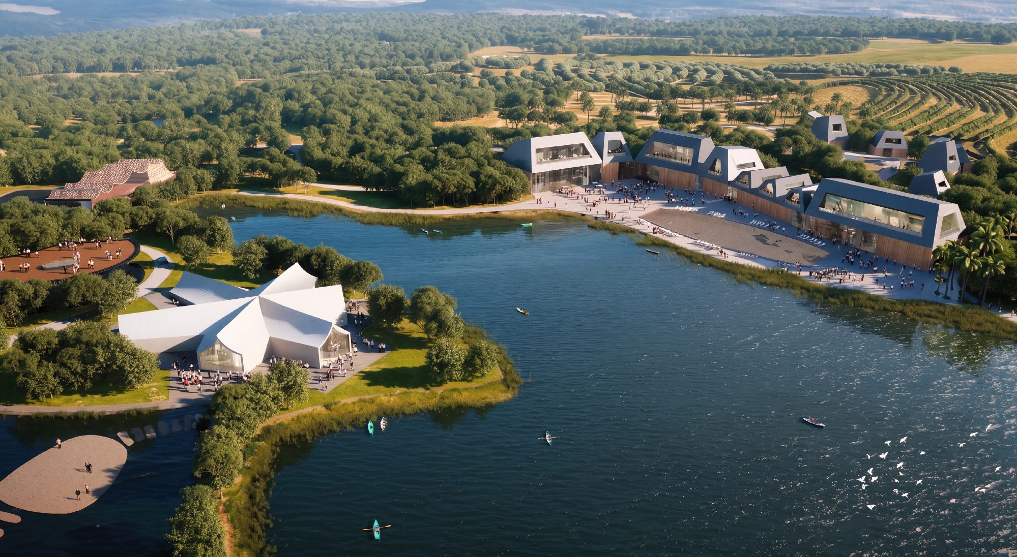 Rendering: lakeside buildings and gardens, Yinxing Lake Cultural Park