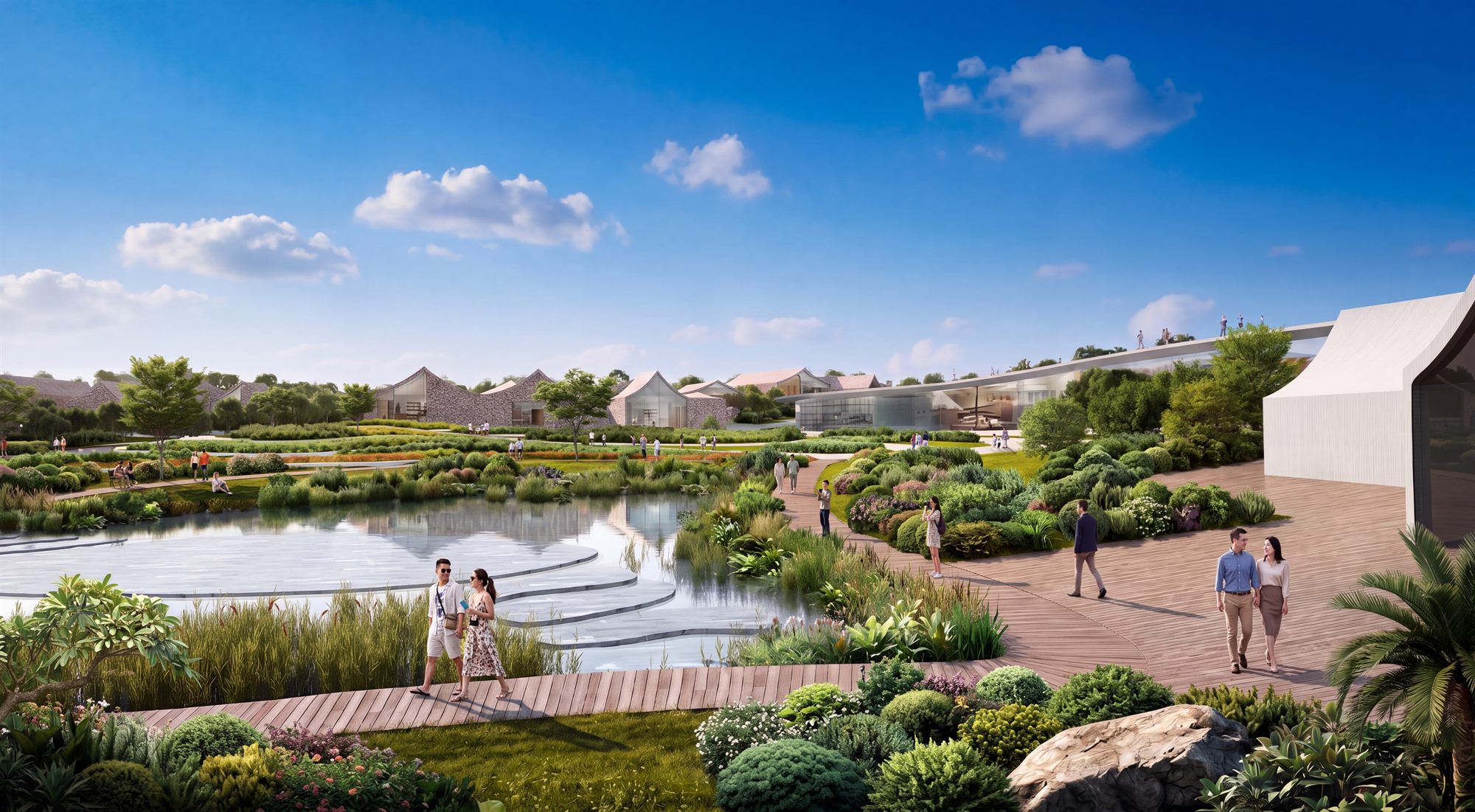 Rendering: terraced gardens and buildings by the lake, Yinxing Lake Cultural Park